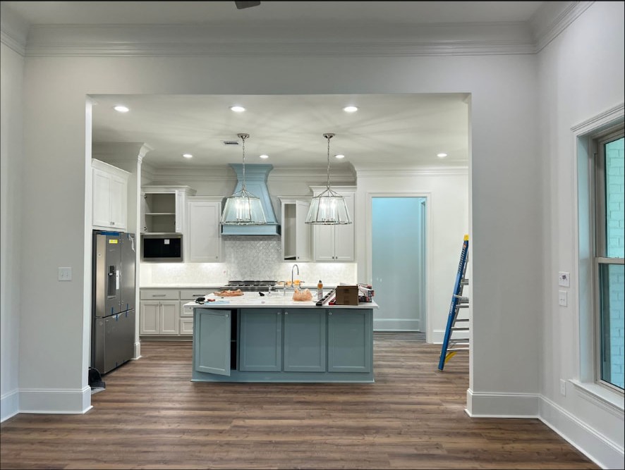 Yellow Fin Springfield kitchen with painted island and pendant lights