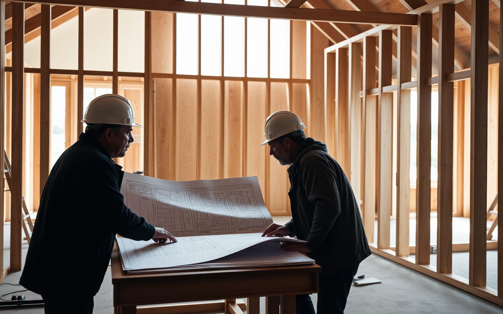 Two builders reviewing construction drawings inside a framed house