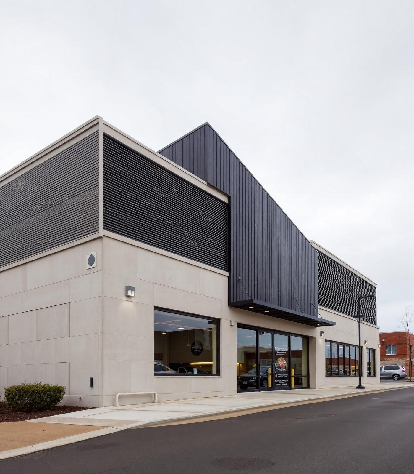 Modern commercial building exterior with concrete and dark metal panels