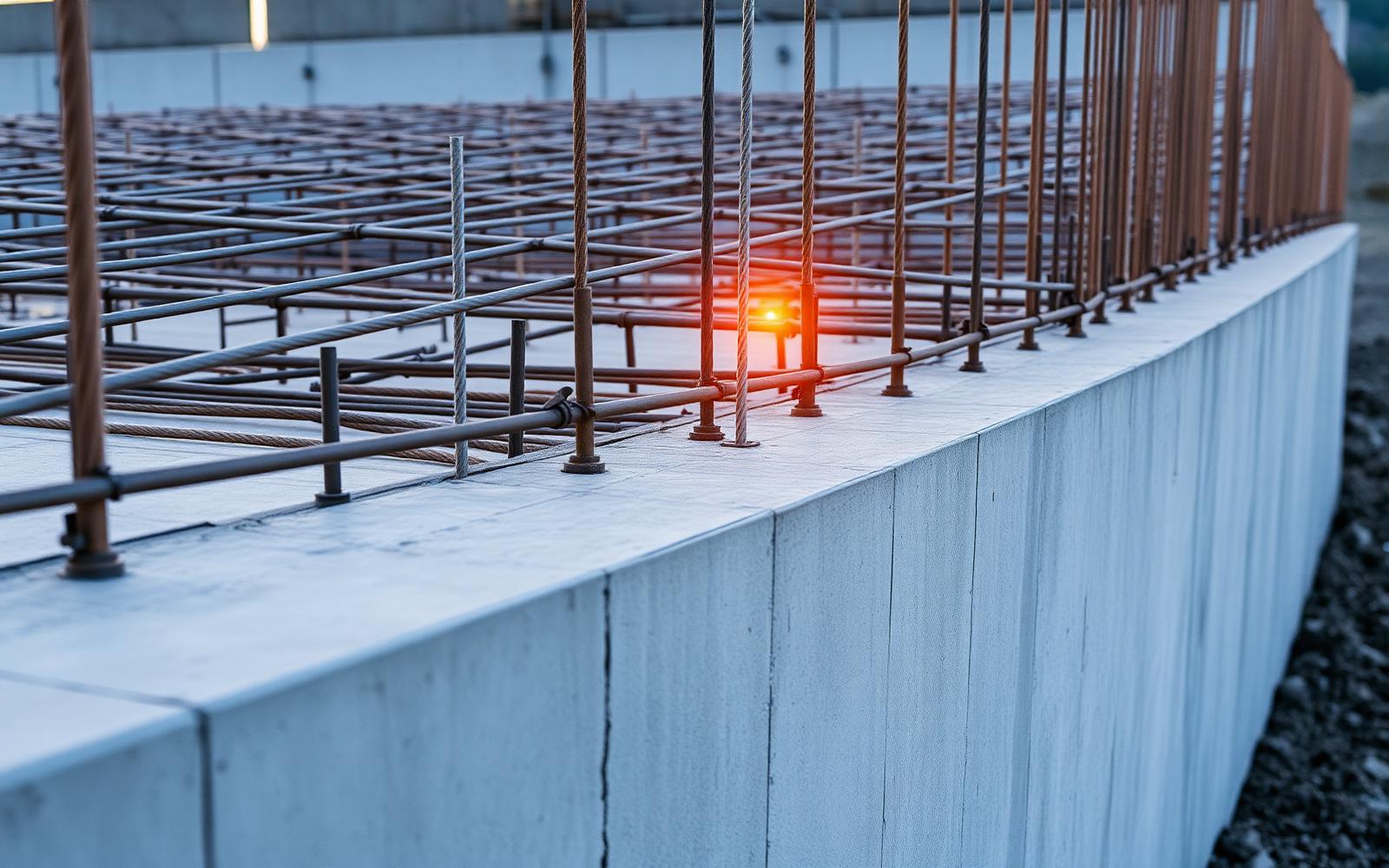 Concrete foundation and steel framing at a new construction site